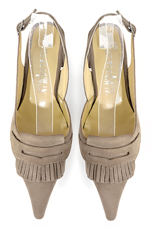 Tan beige women's slingback shoes. Pointed toe. Medium block heels. Top view - Florence KOOIJMAN